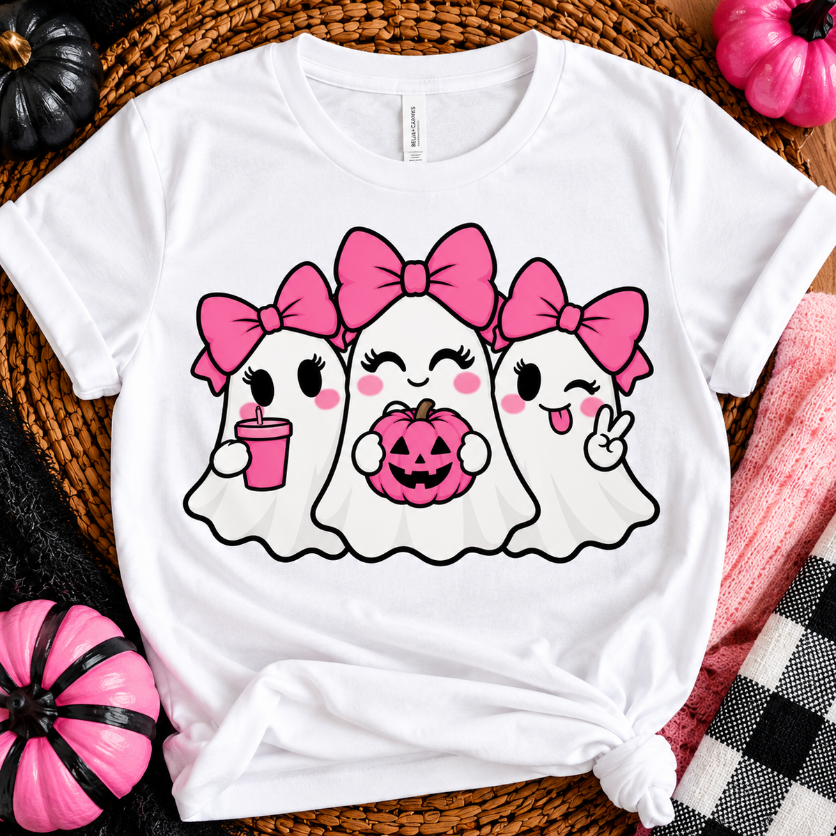 Girly Ghosts | Cute Pink Bow Halloween Graphic T-Shirt