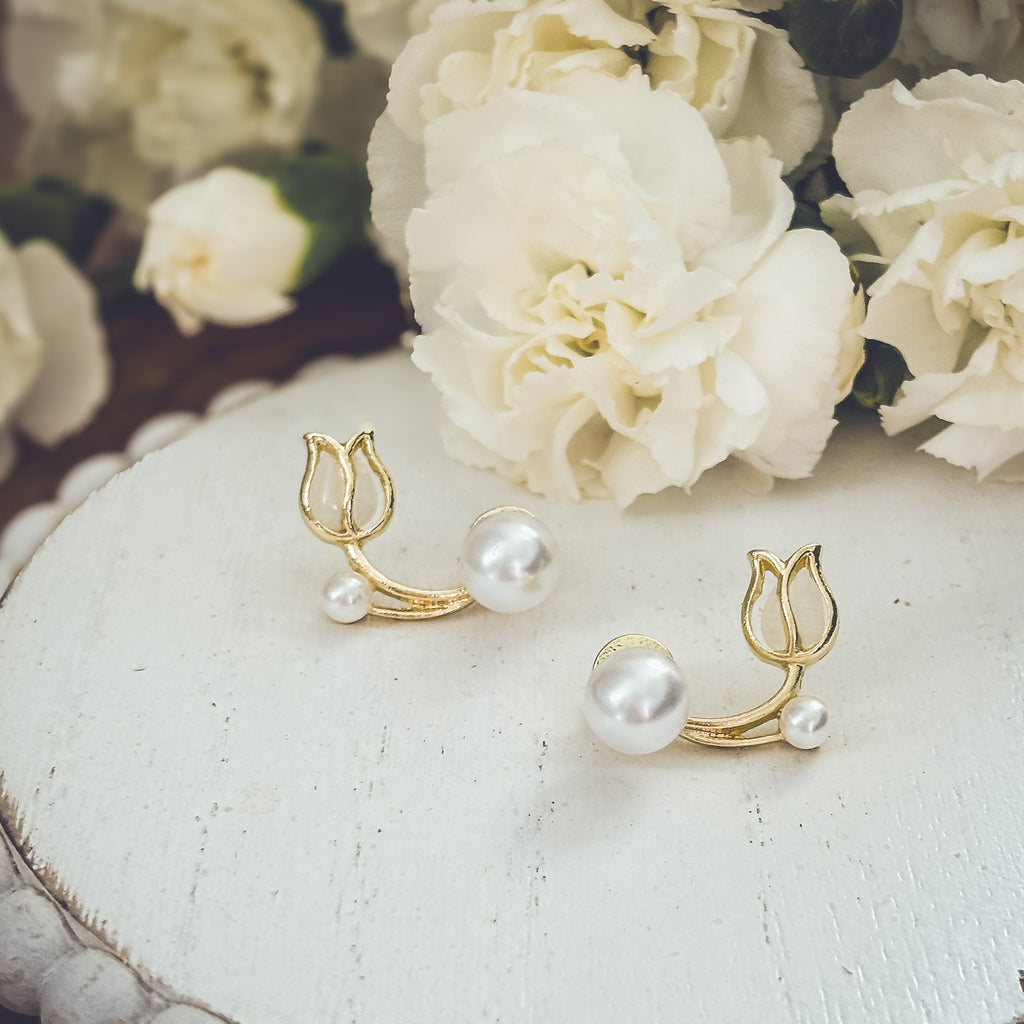 Pearl and Tulip Flower Earrings