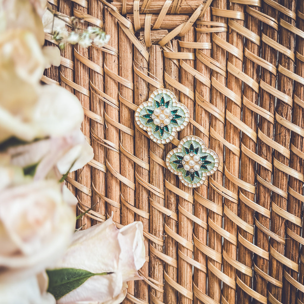 Vintage Green and Pearl Stud Earrings