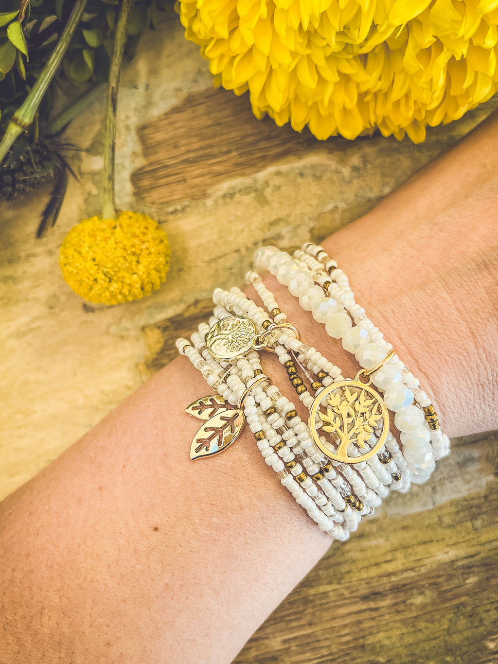 White Bead Stacking Bracelet Set
