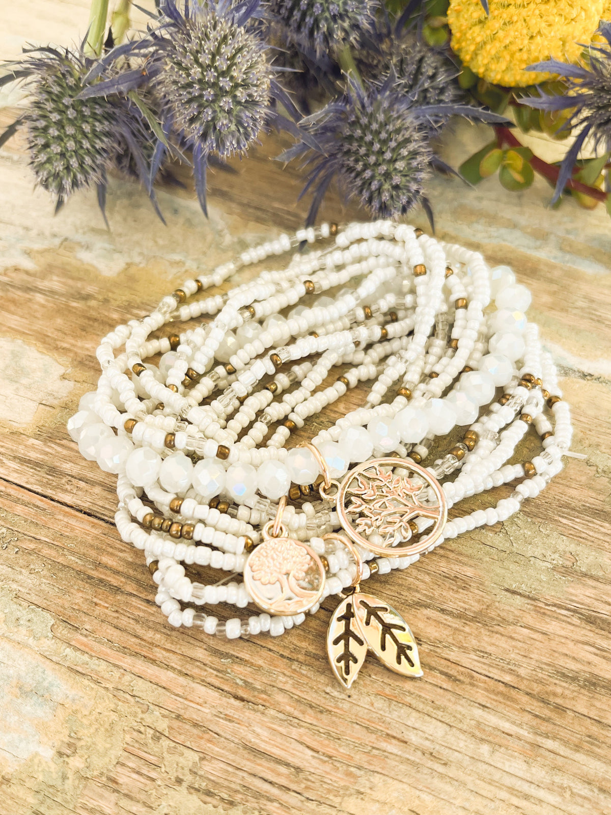 White Bead Stacking Bracelet Set