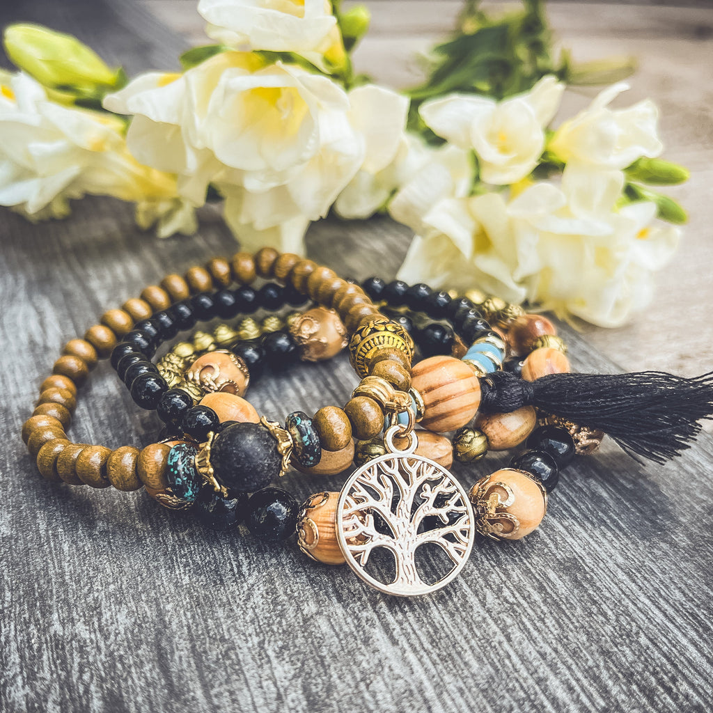 Black and Wood Bead Tree of Life Bracelet Set