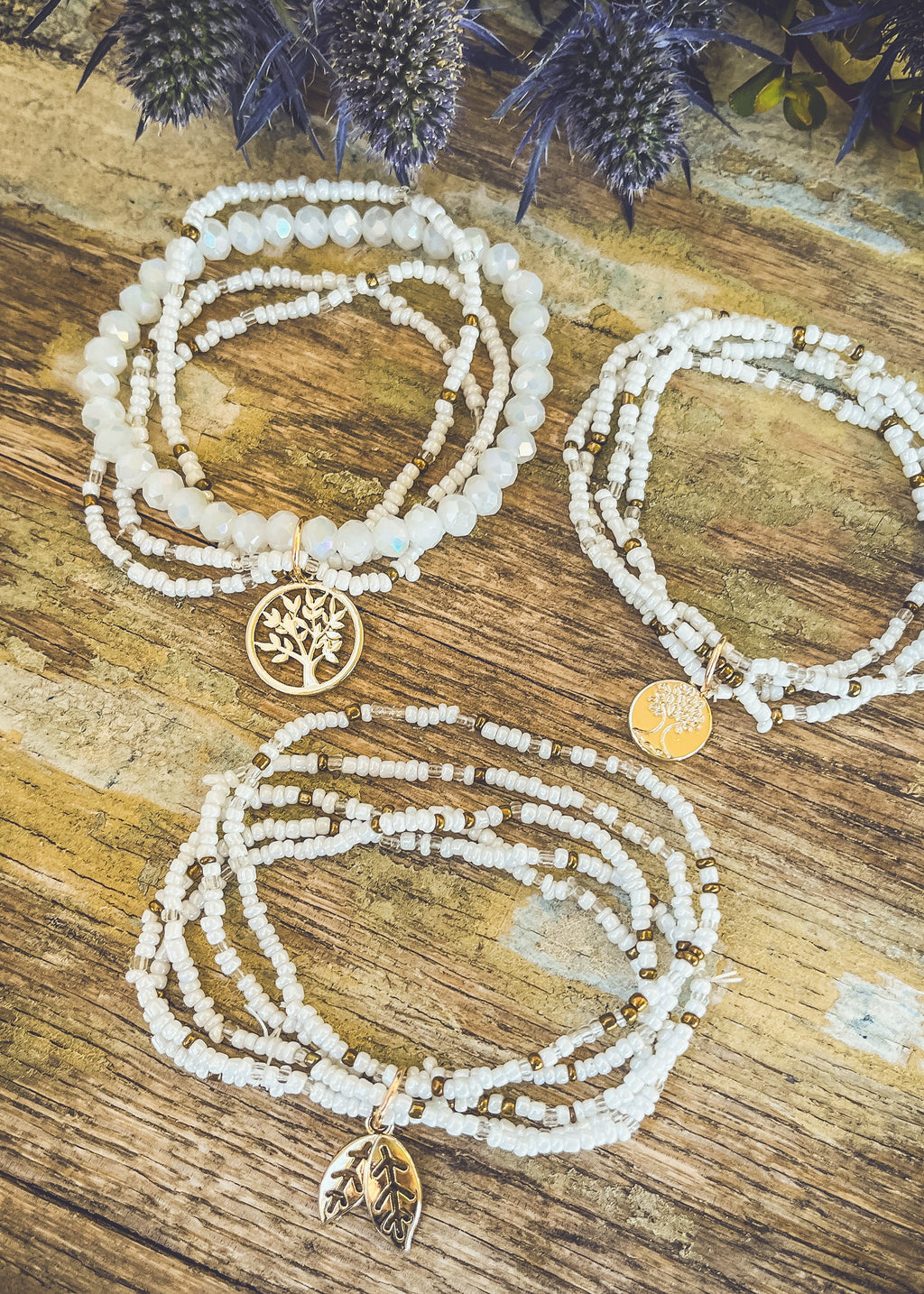 White Bead Stacking Bracelet Set