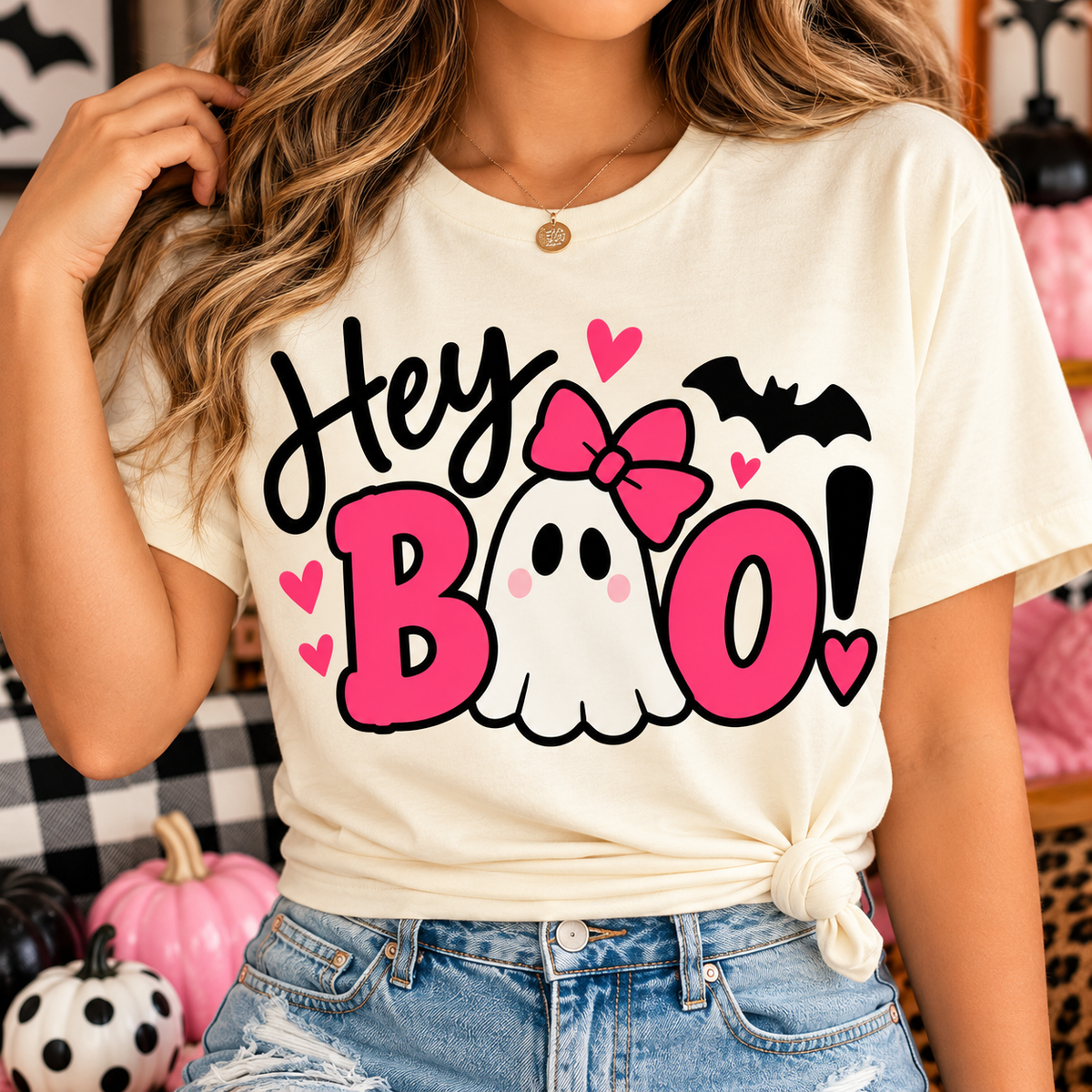 Hey BOO! Pink Ghost Halloween Graphic T-Shirt