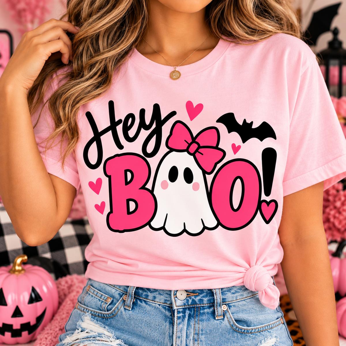 Hey BOO! Pink Ghost Halloween Graphic T-Shirt