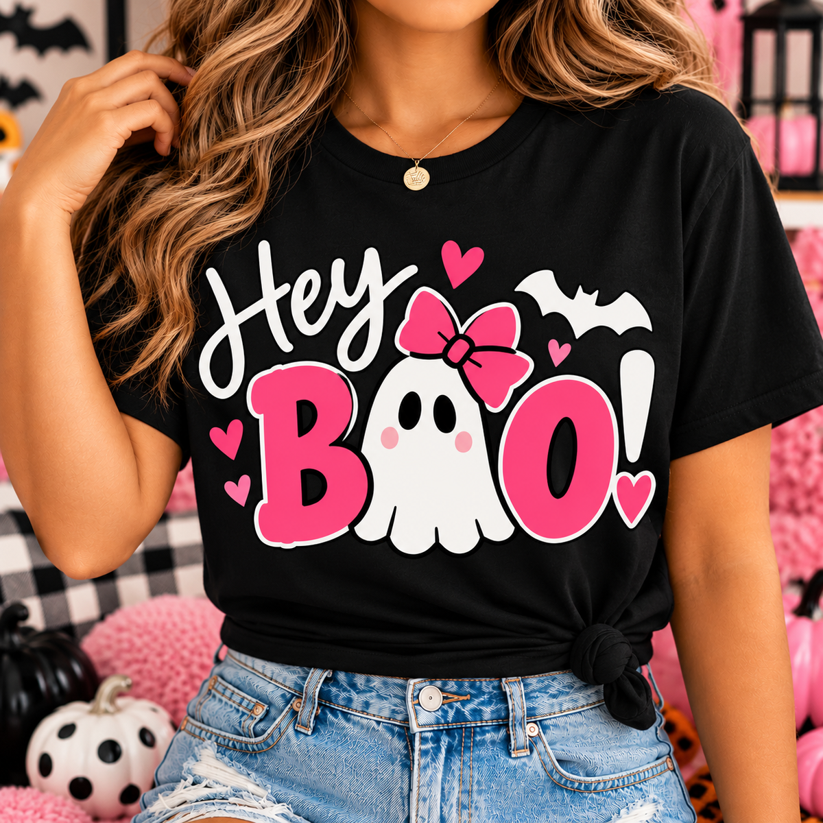 Hey BOO! Pink Ghost Halloween Graphic T-Shirt