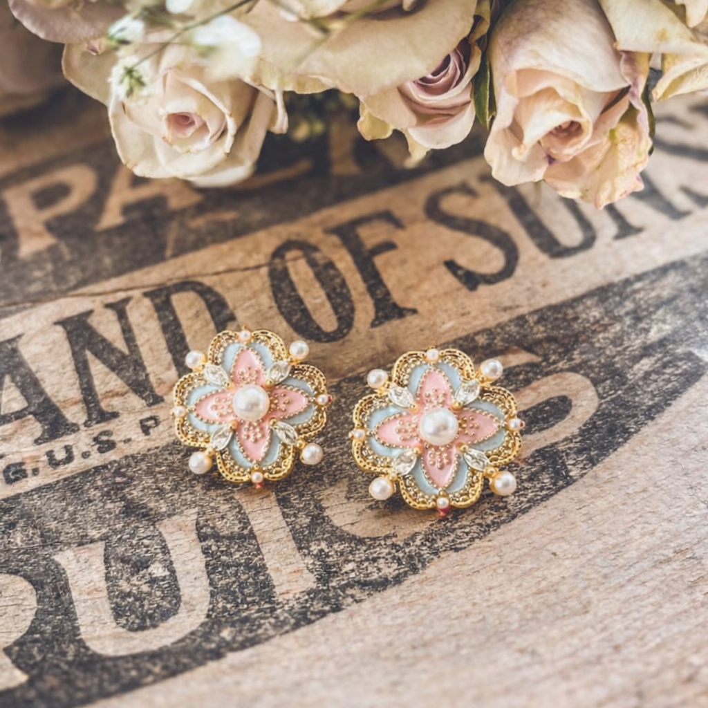 Vintage Pastel and Pearl Stud Earrings
