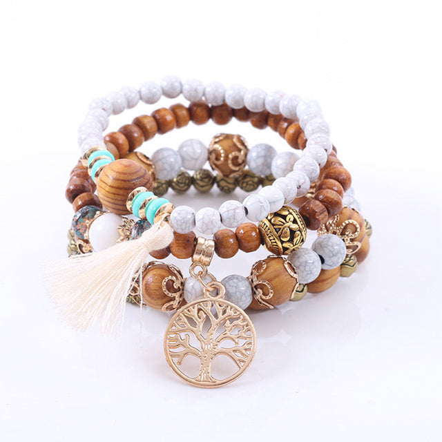 White and Wood Tree of Life Bracelet Set