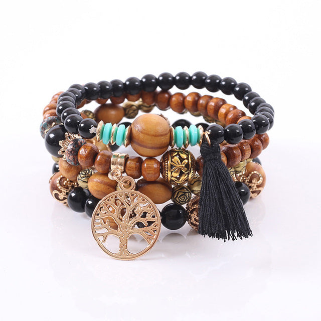 Black and Wood Bead Tree of Life Bracelet Set