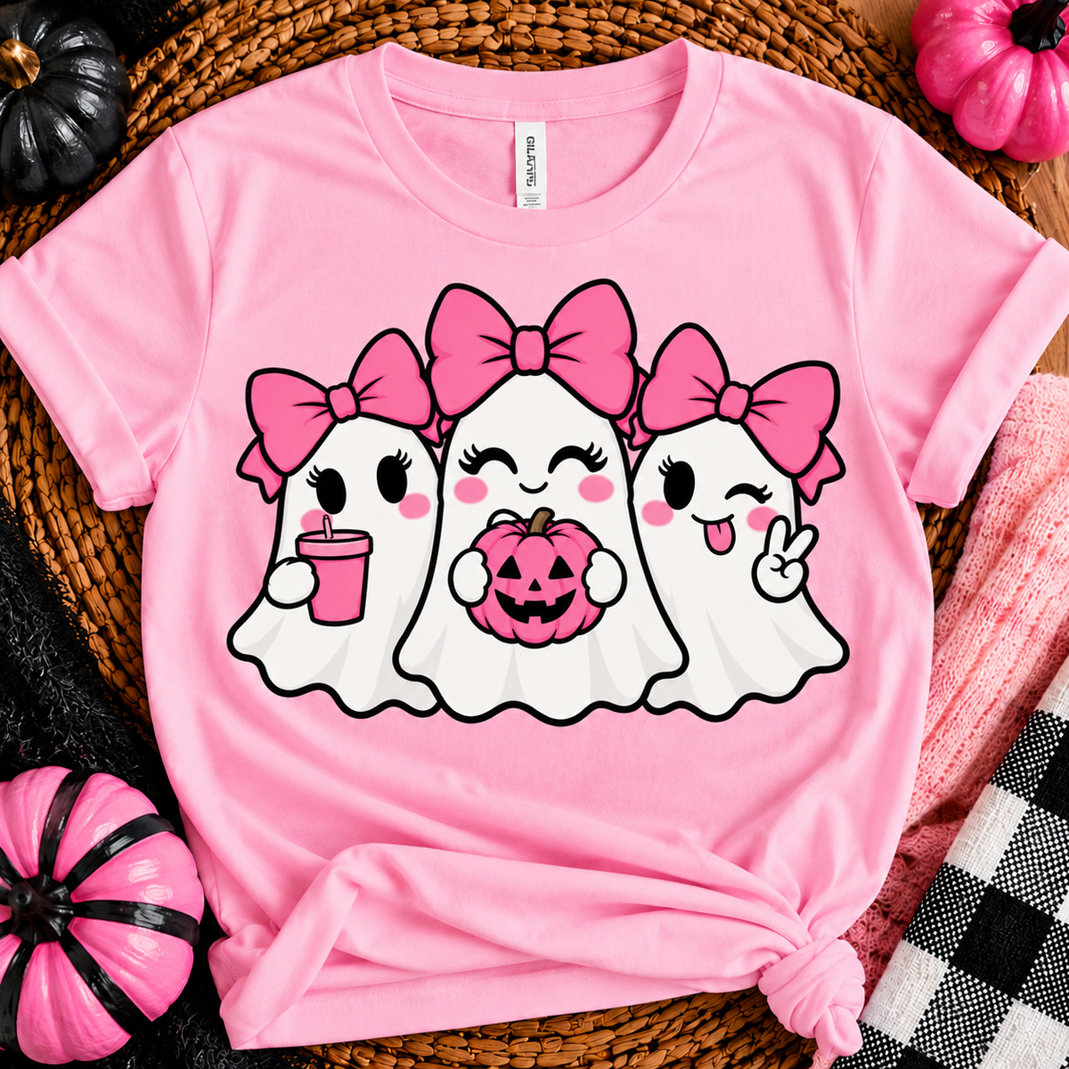 Girly Ghosts | Cute Pink Bow Halloween Graphic T-Shirt