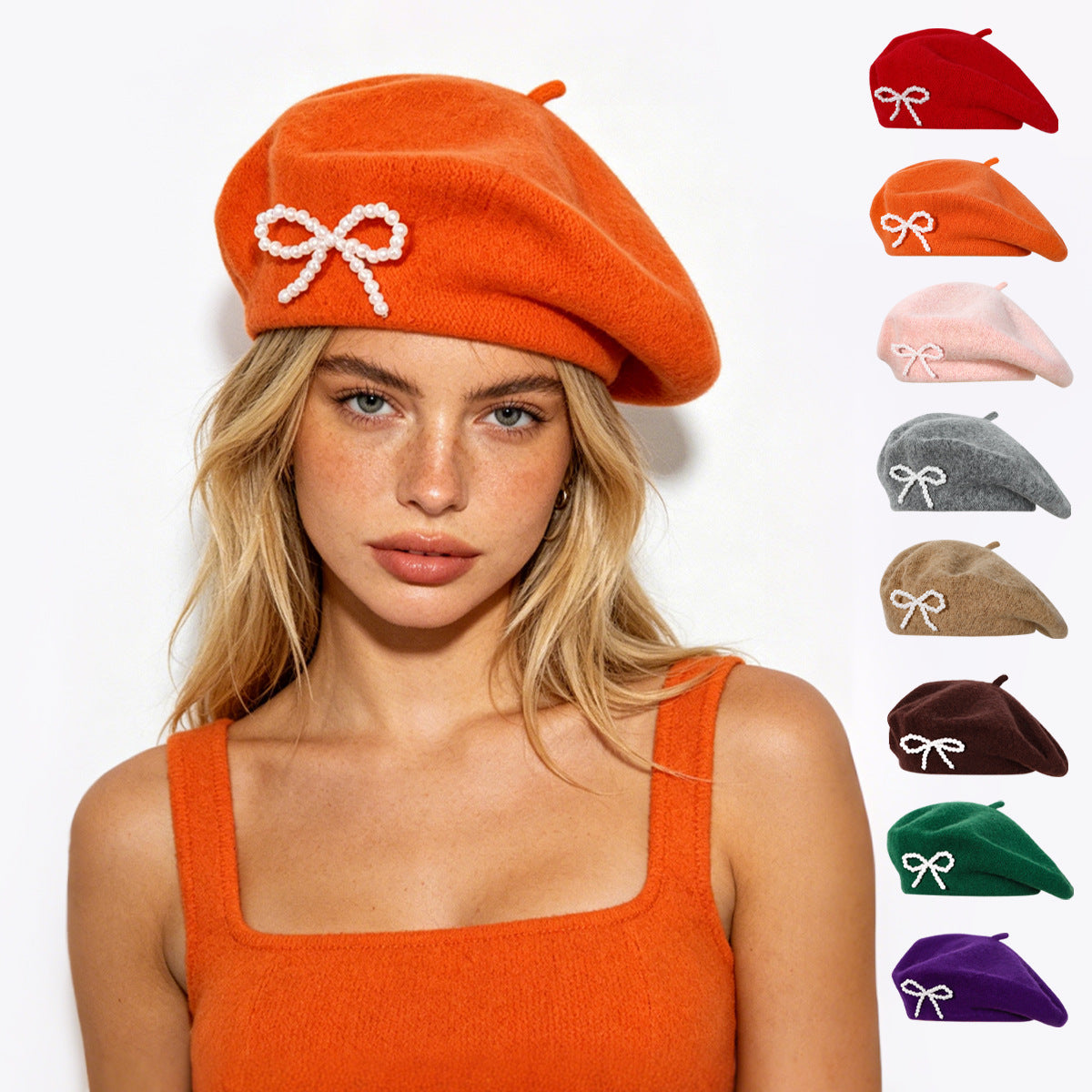 Pearl Bow Wool Beret