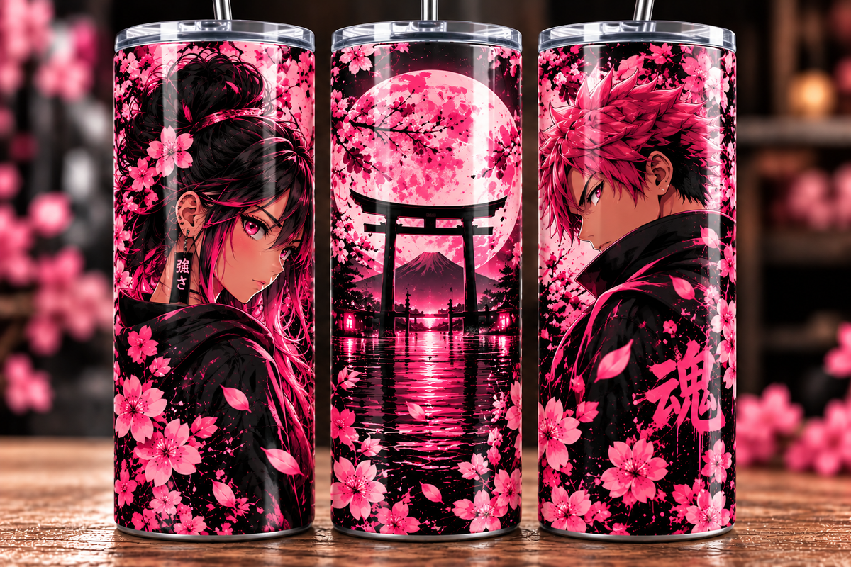 Midnight Sakura Anime-Inspired 20 oz Skinny Tumbler | Pink & Black Cherry Blossom Design